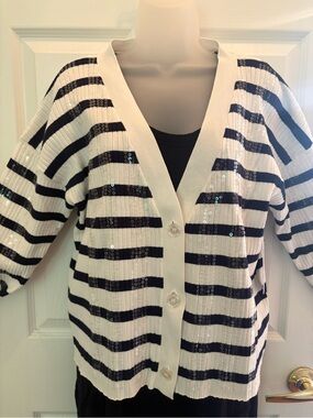 DKNY White and Black Striped Sequin Cardigan